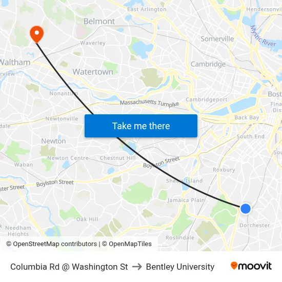 Columbia Rd @ Washington St to Bentley University map