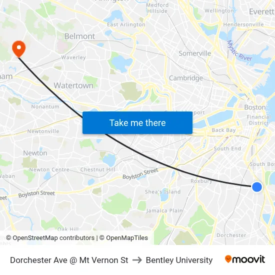 Dorchester Ave @ Mt Vernon St to Bentley University map