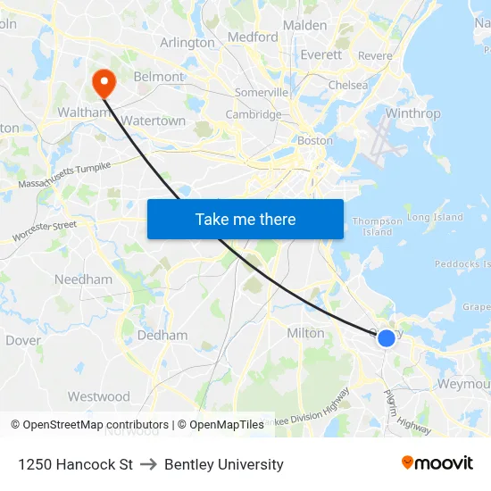 1250 Hancock St to Bentley University map