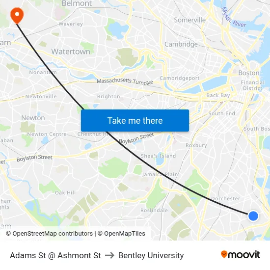Adams St @ Ashmont St to Bentley University map