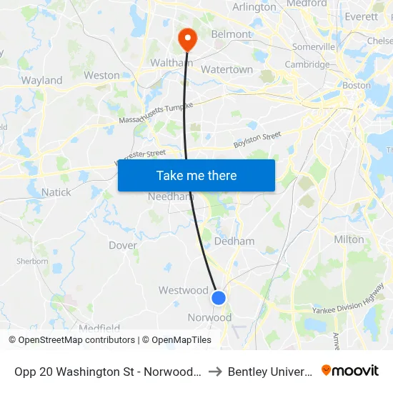 Opp 20 Washington St - Norwood Line to Bentley University map