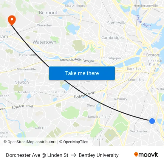 Dorchester Ave @ Linden St to Bentley University map