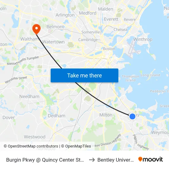 Burgin Pkwy @ Quincy Center Station to Bentley University map