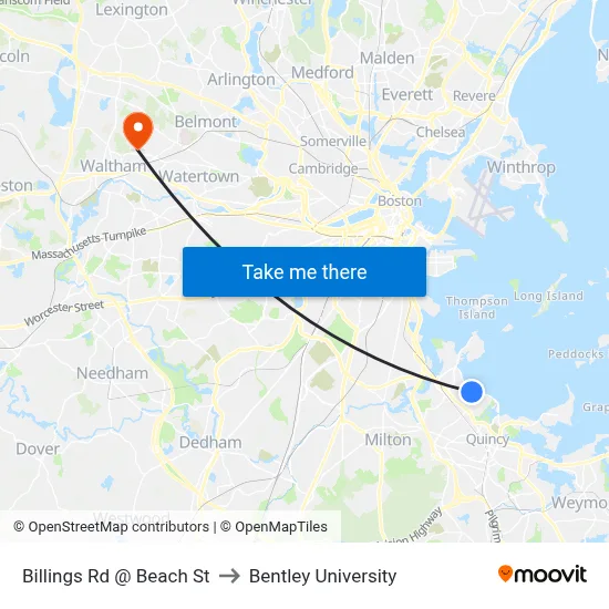 Billings Rd @ Beach St to Bentley University map