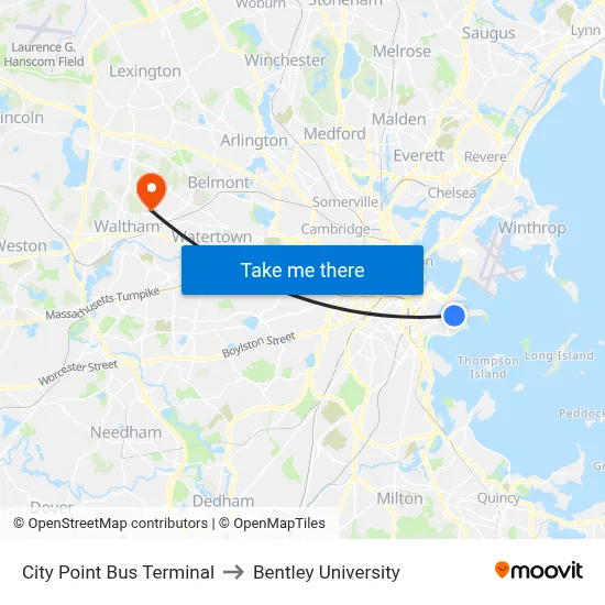 City Point Bus Terminal to Bentley University map