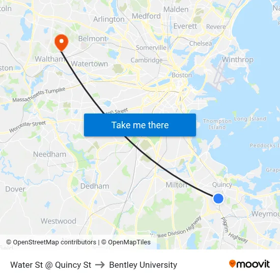 Water St @ Quincy St to Bentley University map