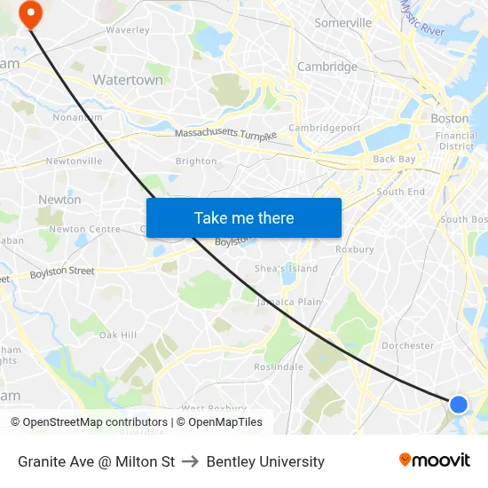 Granite Ave @ Milton St to Bentley University map