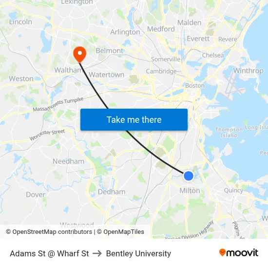 Adams St @ Wharf St to Bentley University map