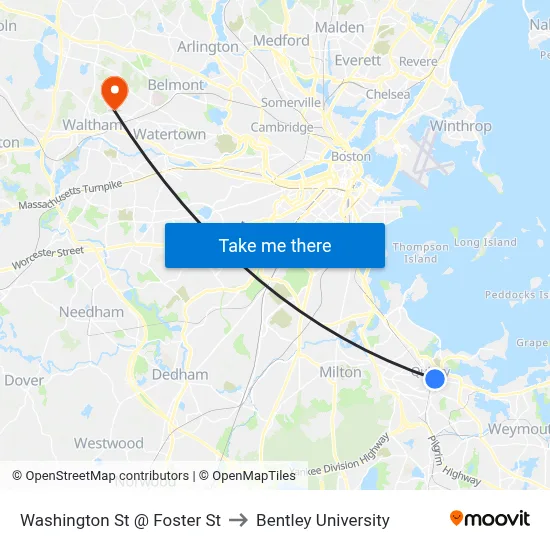 Washington St @ Foster St to Bentley University map