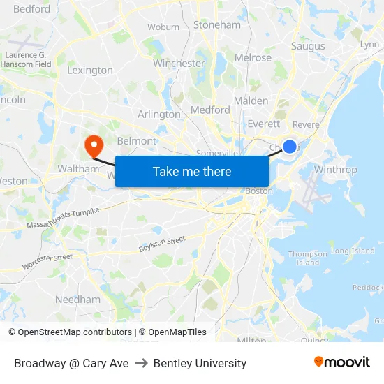 Broadway @ Cary Ave to Bentley University map