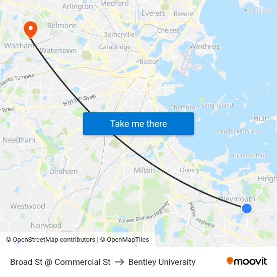 Broad St @ Commercial St to Bentley University map