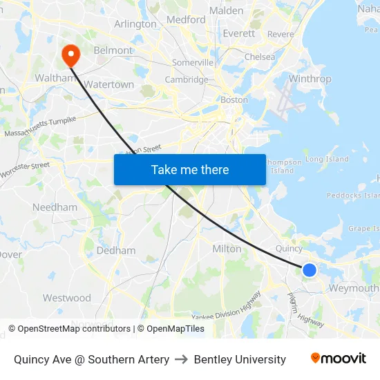 Quincy Ave @ Southern Artery to Bentley University map