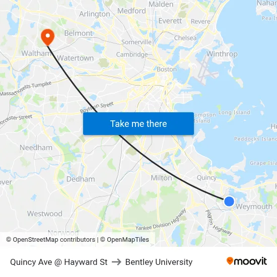Quincy Ave @ Hayward St to Bentley University map