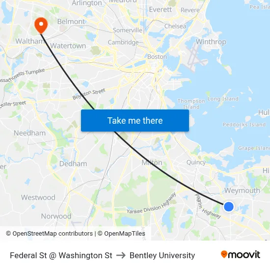 Federal St @ Washington St to Bentley University map