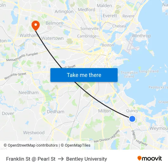 Franklin St @ Pearl St to Bentley University map