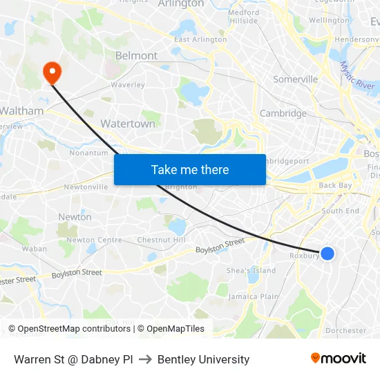 Warren St @ Dabney Pl to Bentley University map