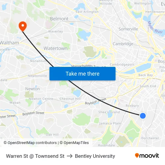 Warren St @ Townsend St to Bentley University map