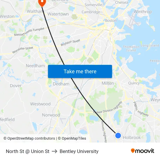 North St @ Union St to Bentley University map