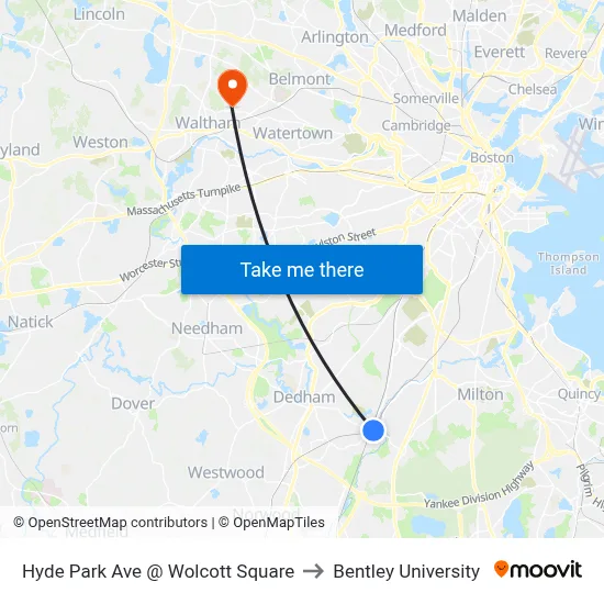 Hyde Park Ave @ Wolcott Square to Bentley University map