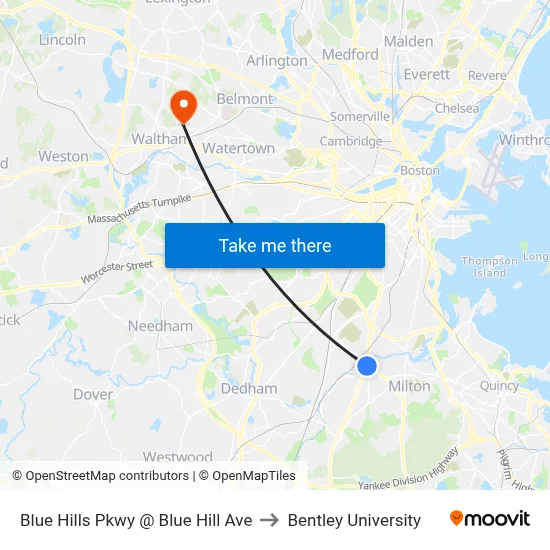 Blue Hills Pkwy @ Blue Hill Ave to Bentley University map