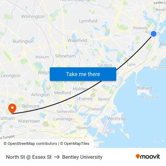 North St @ Essex St to Bentley University map