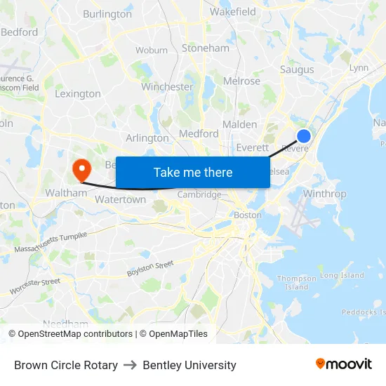 Brown Circle Rotary to Bentley University map