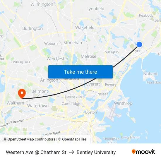 Western Ave @ Chatham St to Bentley University map