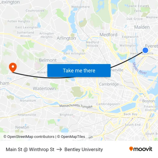 Main St @ Winthrop St to Bentley University map