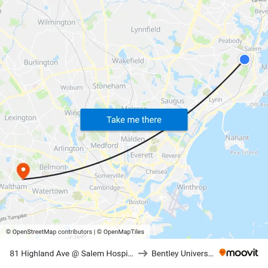 81 Highland Ave @ Salem Hospital to Bentley University map