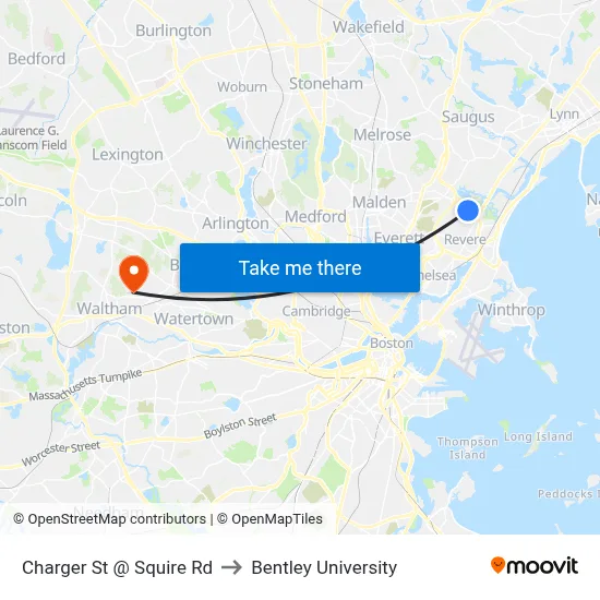 Charger St @ Squire Rd to Bentley University map