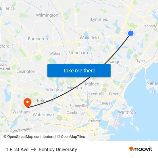 1 First Ave to Bentley University map
