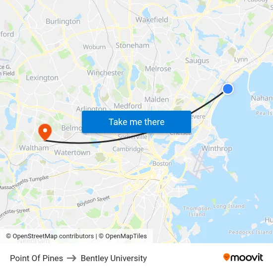 Point Of Pines to Bentley University map