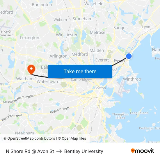 N Shore Rd @ Avon St to Bentley University map