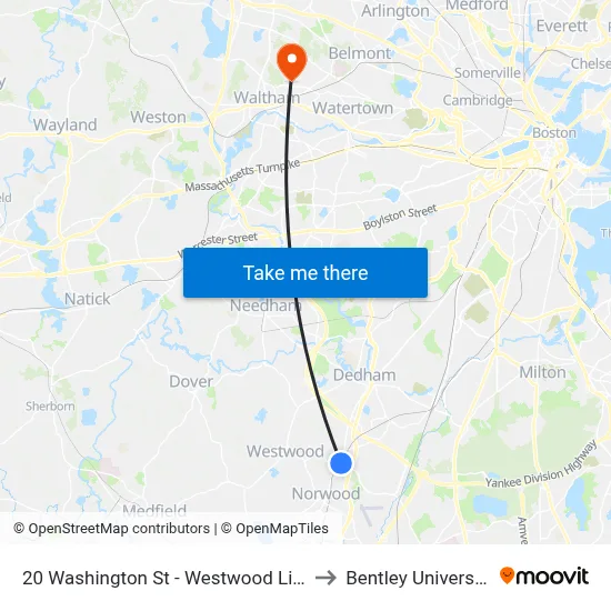 20 Washington St - Westwood Line to Bentley University map