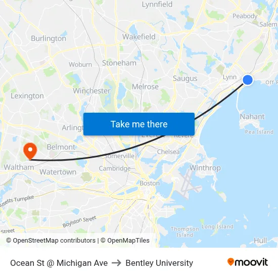 Ocean St @ Michigan Ave to Bentley University map