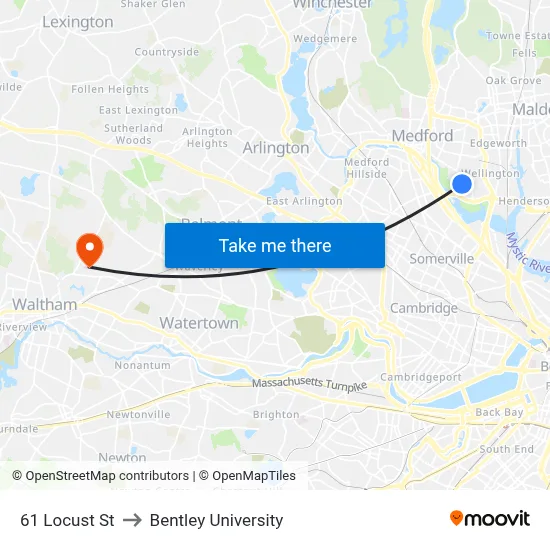 61 Locust St to Bentley University map