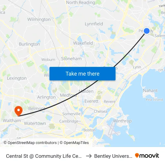 Central St @ Community Life Center to Bentley University map