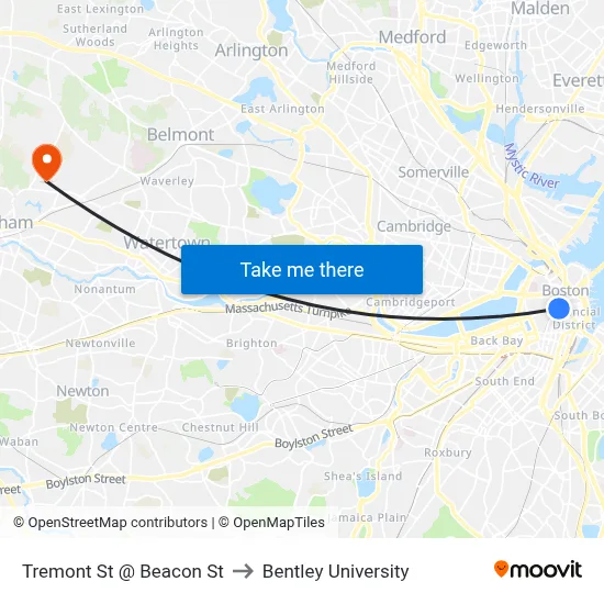 Tremont St @ Beacon St to Bentley University map
