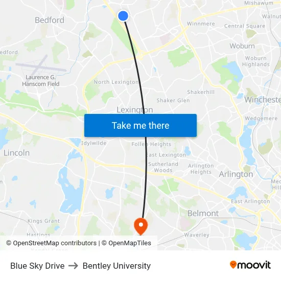 Blue Sky Drive to Bentley University map