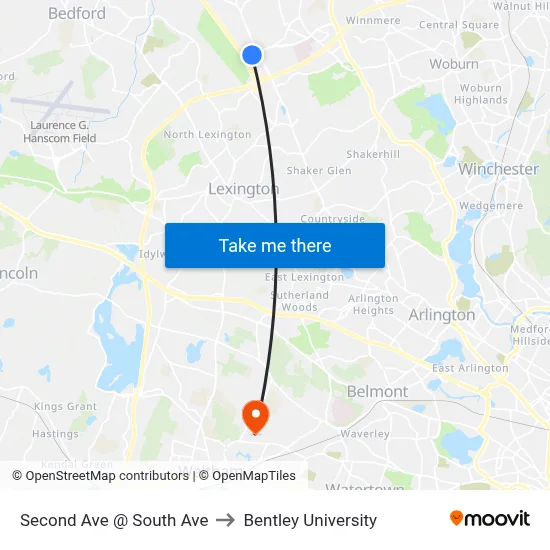 Second Ave @ South Ave to Bentley University map