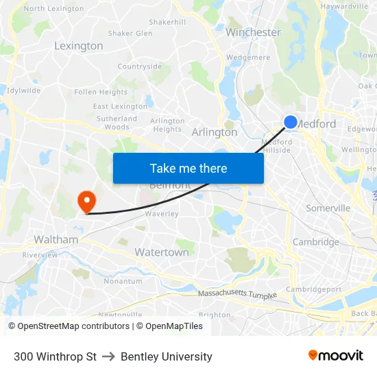 300 Winthrop St to Bentley University map