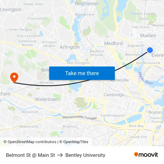 Belmont St @ Main St to Bentley University map