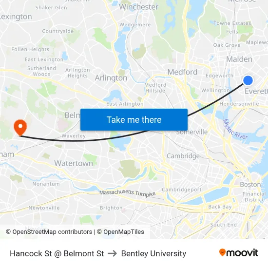Hancock St @ Belmont St to Bentley University map