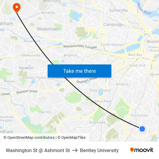 Washington St @ Ashmont St to Bentley University map