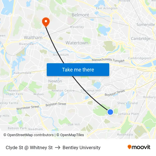 Clyde St @ Whitney St to Bentley University map