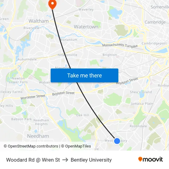 Woodard Rd @ Wren St to Bentley University map