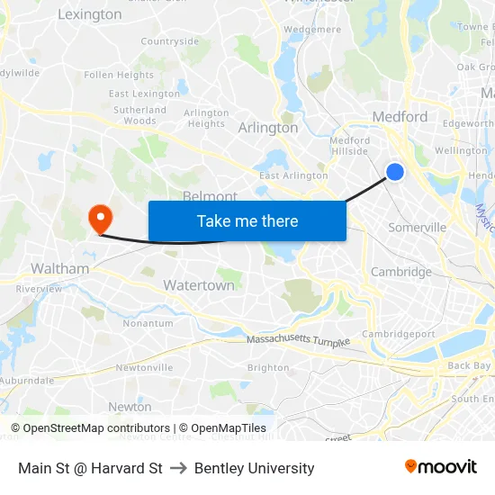 Main St @ Harvard St to Bentley University map