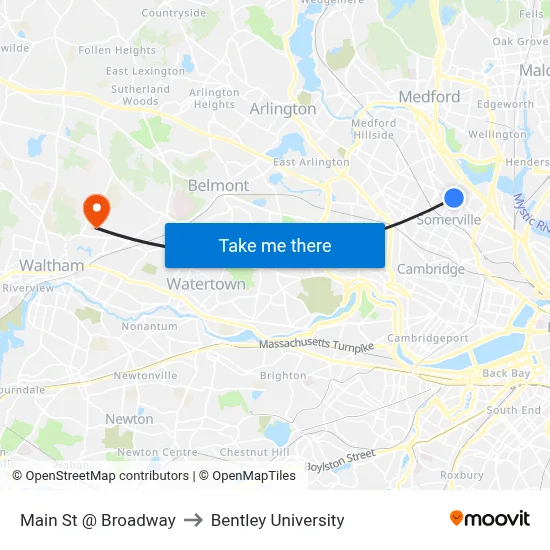 Main St @ Broadway to Bentley University map
