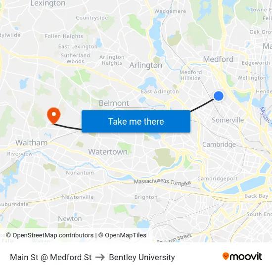 Main St @ Medford St to Bentley University map