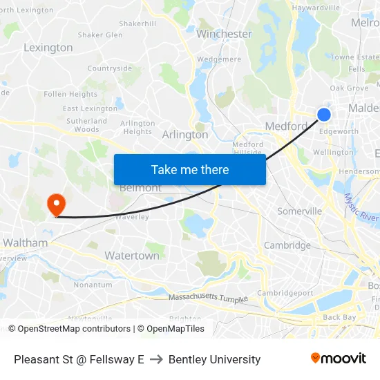 Pleasant St @ Fellsway E to Bentley University map